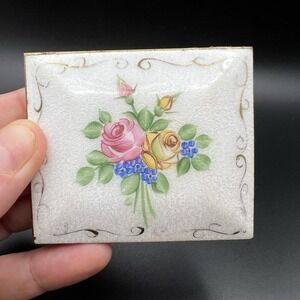 Vintage Enamel Guilloche Compact Colorful Flower Bouquet White Gold Tone